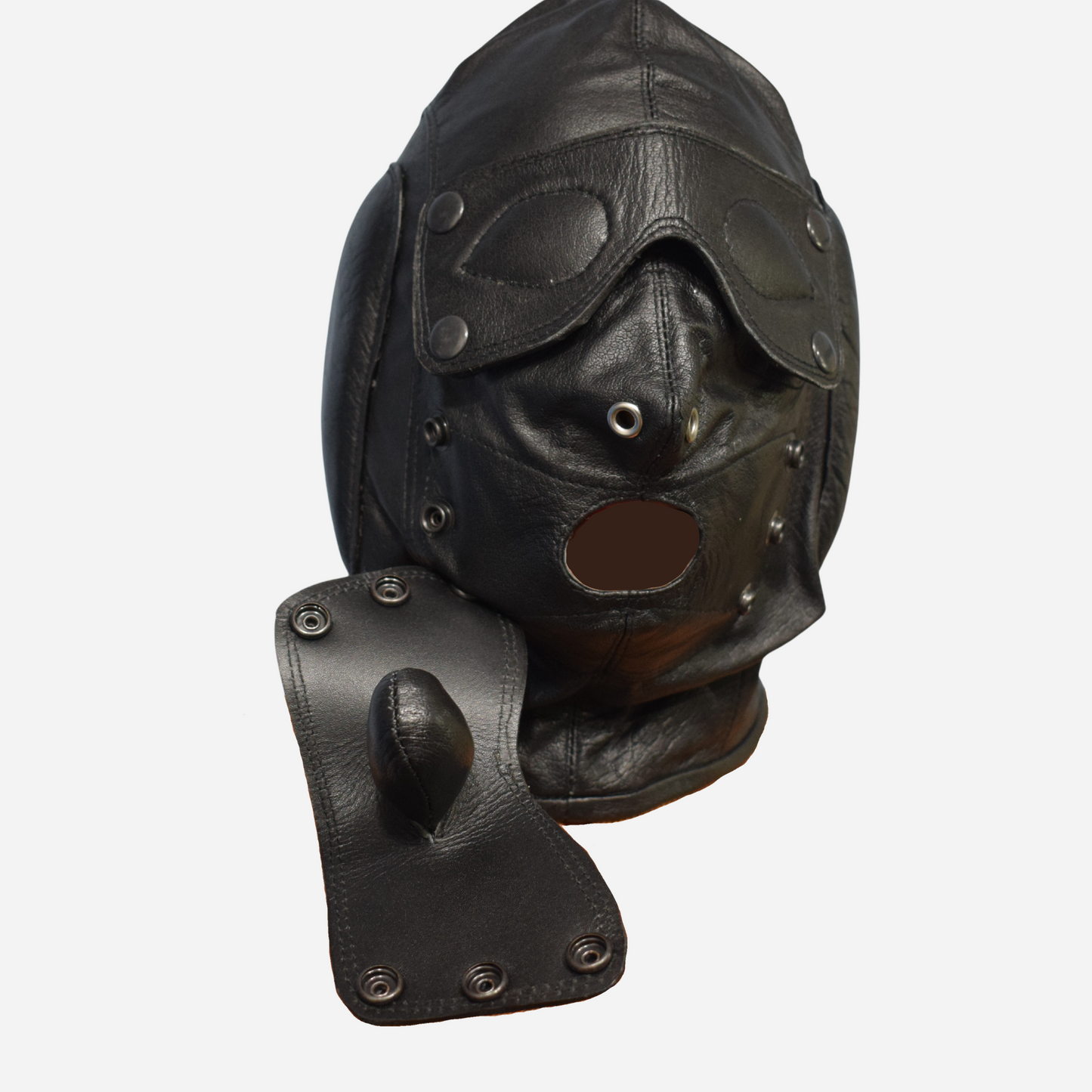 Explore the Real Leather Black Hood Mask with Mouth Gag and Blindfold, crafted from top grain leather with a soft inner lining. Features include detachable blindfold, mouth gag, padded ears, and adjustable lace-up closure. One size fits most with custom sizing available. Enhance your collection with our full range of bondage restraints.