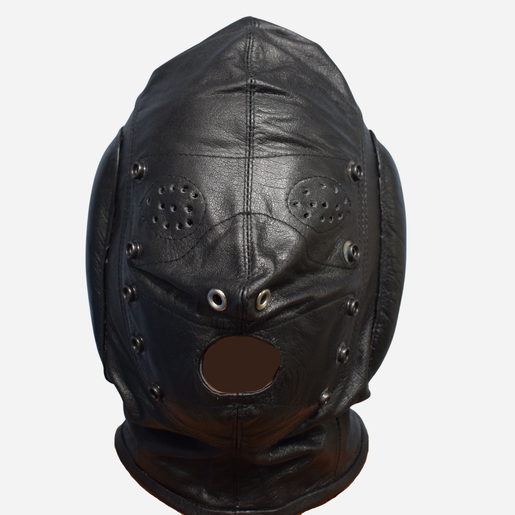 Explore the Real Leather Black Hood Mask with Mouth Gag and Blindfold, crafted from top grain leather with a soft inner lining. Features include detachable blindfold, mouth gag, padded ears, and adjustable lace-up closure. One size fits most with custom sizing available. Enhance your collection with our full range of bondage restraints.