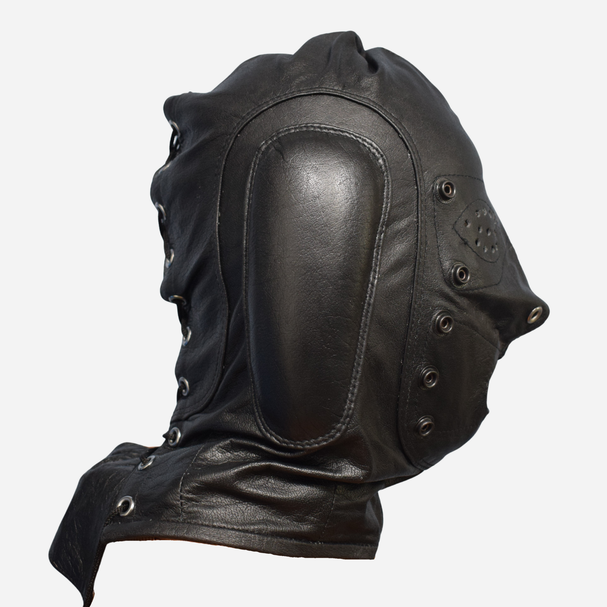 Explore the Real Leather Black Hood Mask with Mouth Gag and Blindfold, crafted from top grain leather with a soft inner lining. Features include detachable blindfold, mouth gag, padded ears, and adjustable lace-up closure. One size fits most with custom sizing available. Enhance your collection with our full range of bondage restraints.