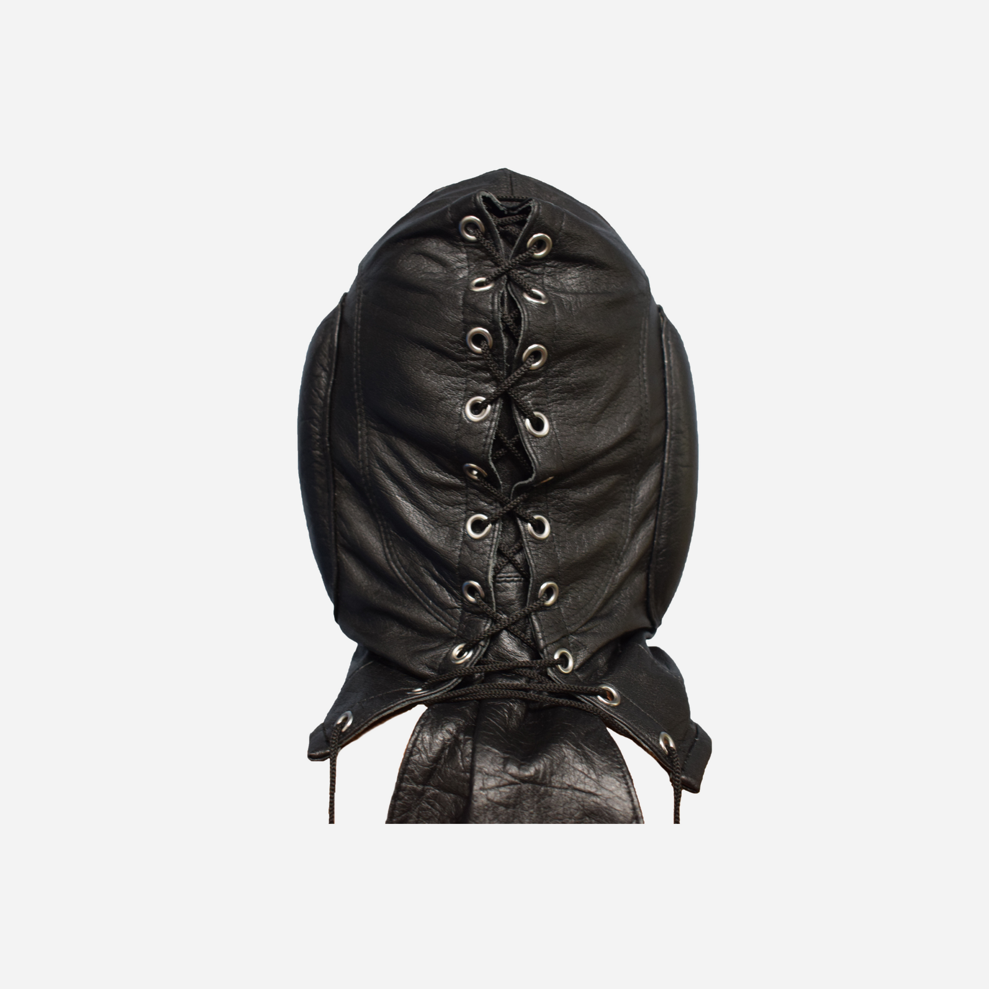 Explore the Real Leather Black Hood Mask with Mouth Gag and Blindfold, crafted from top grain leather with a soft inner lining. Features include detachable blindfold, mouth gag, padded ears, and adjustable lace-up closure. One size fits most with custom sizing available. Enhance your collection with our full range of bondage restraints.