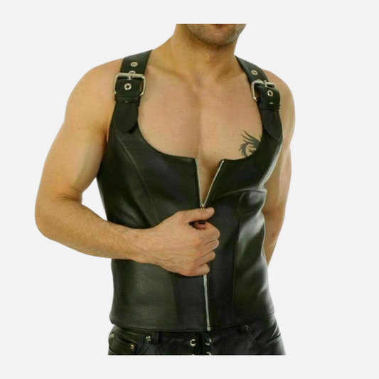 Our Stylish Black Genuine Leather Buckled Vest. Crafted from premium leather, it features adjustable buckles for a perfect fit, stylish lace-up details, and a modern zip corset top. Versatile and chic, this vest is ideal for any occasion. Discover our Leather Vests Collection and upgrade your wardrobe today!