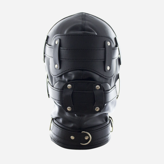 Our Premium Black Leather Hood Mask featuring a lace-up back, adjustable blindfold, and muzzle. Crafted from premium genuine leather, this hood combines luxury with functionality. It includes adjustable straps for a secure fit and a customizable size option. Explore our full range of high-quality fetish gear and accessories.