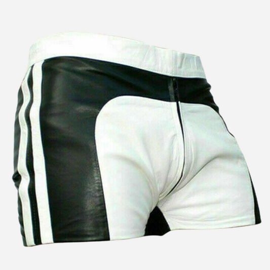 Shop Our Black & White Brief Leather Shorts with Zipper, perfect for club wear. Featuring high-quality leather and trendy zipper accents, these stylish shorts are designed for bold fashion lovers. Ideal for a standout look at parties and events.