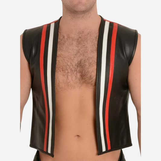 Genuine Leather Gay men Casual Red & White Stripes Waist Coat