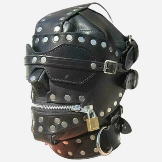 Discover our **Genuine Leather Lockable Hood Mask** with zipper mouth and adjustable straps. Crafted from 100% genuine leather, this stylish black hood features an executioner design with metal studs and adjustable laces for a comfortable fit. Perfect for roleplay and adventure. Shop now and elevate your experience!