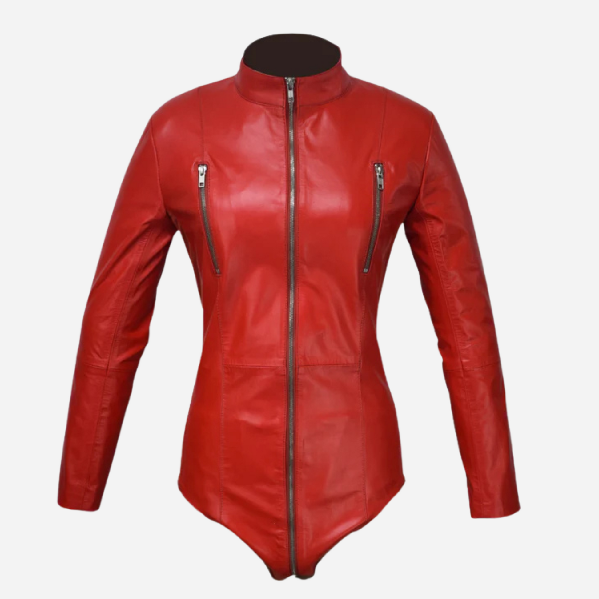 bodysuit made with premium quality leather, zipper front with dual sliders and zipper bust details.