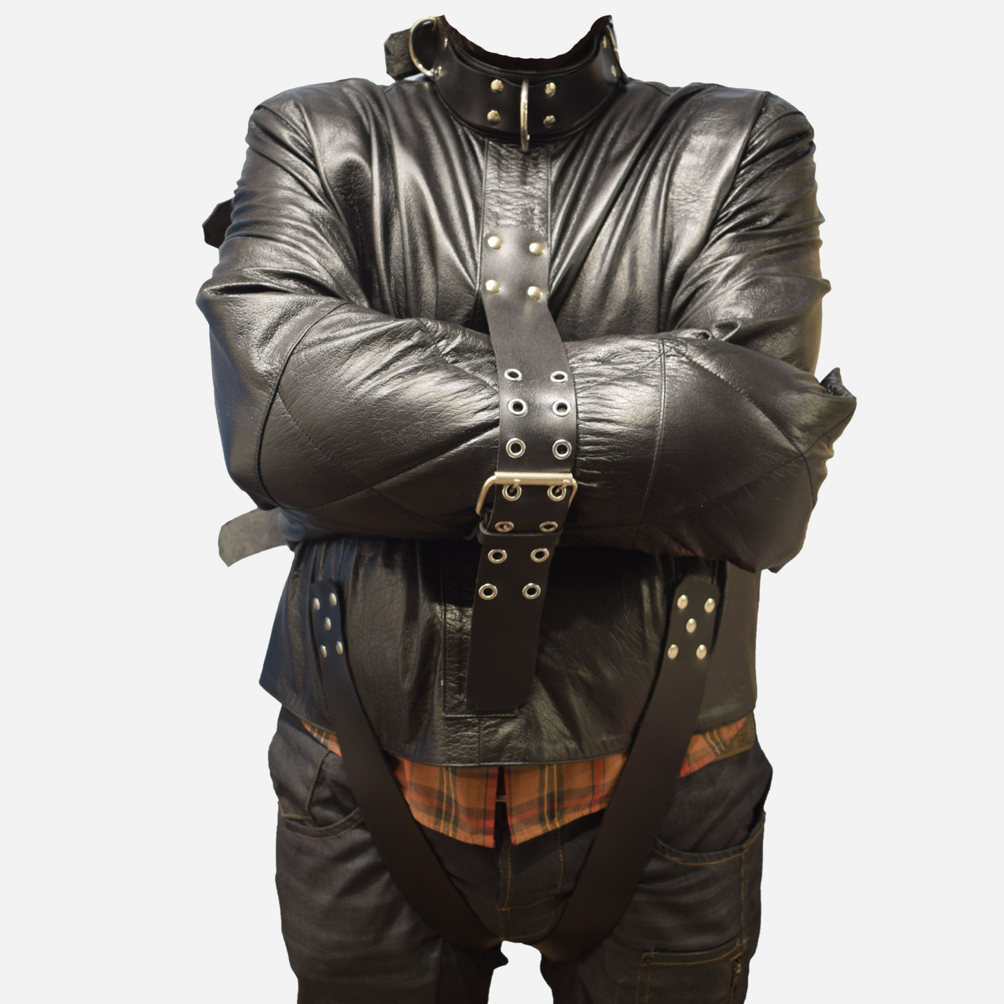 Discover premium BDSM gear with our Bondage Straitjacket, crafted from high-quality genuine leather. Featuring an adjustable buckled collar with D-rings, long sleeves with belt buckles, and a durable design with double stitching. Available in all sizes, including custom options.