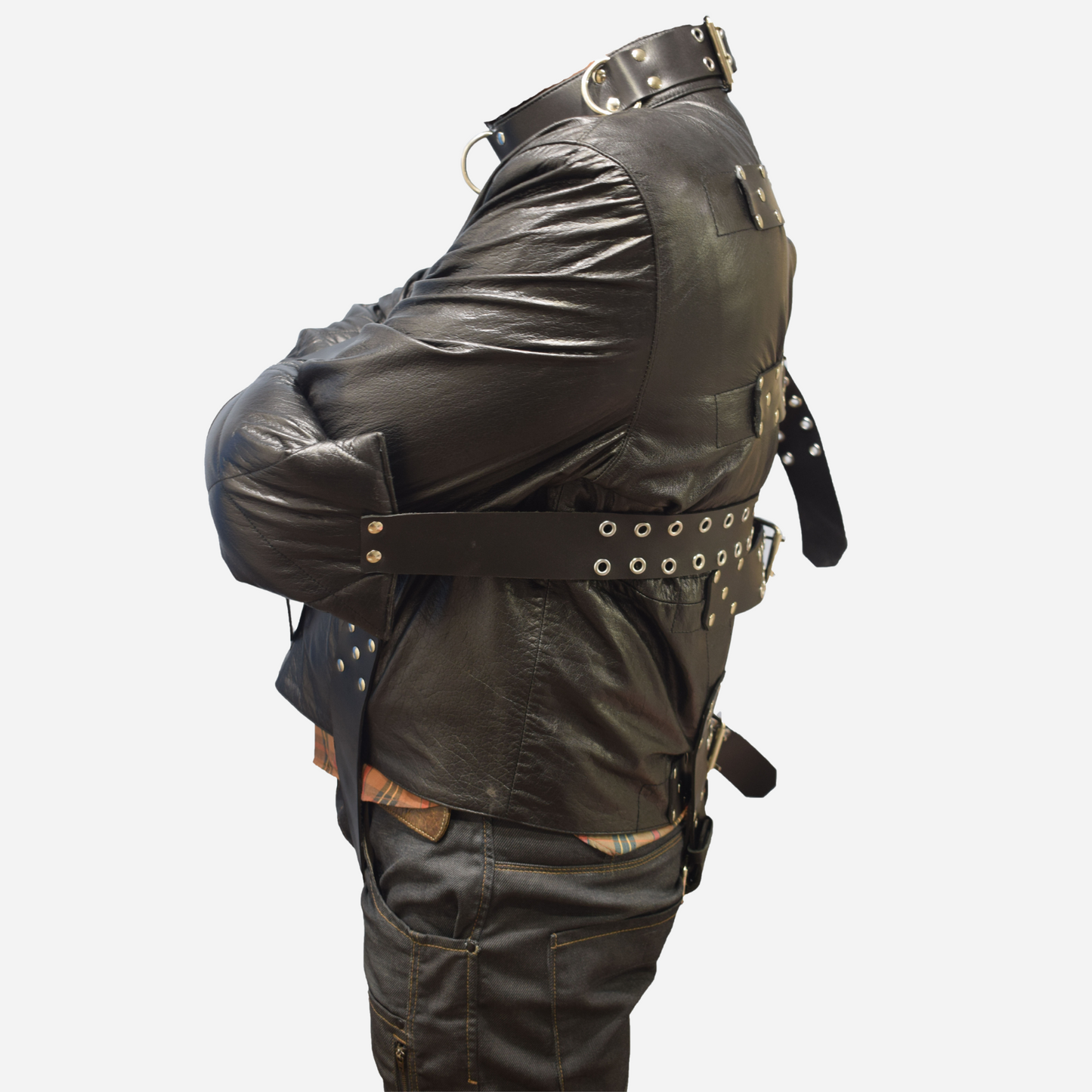 Discover premium BDSM gear with our Bondage Straitjacket, crafted from high-quality genuine leather. Featuring an adjustable buckled collar with D-rings, long sleeves with belt buckles, and a durable design with double stitching. Available in all sizes, including custom options.