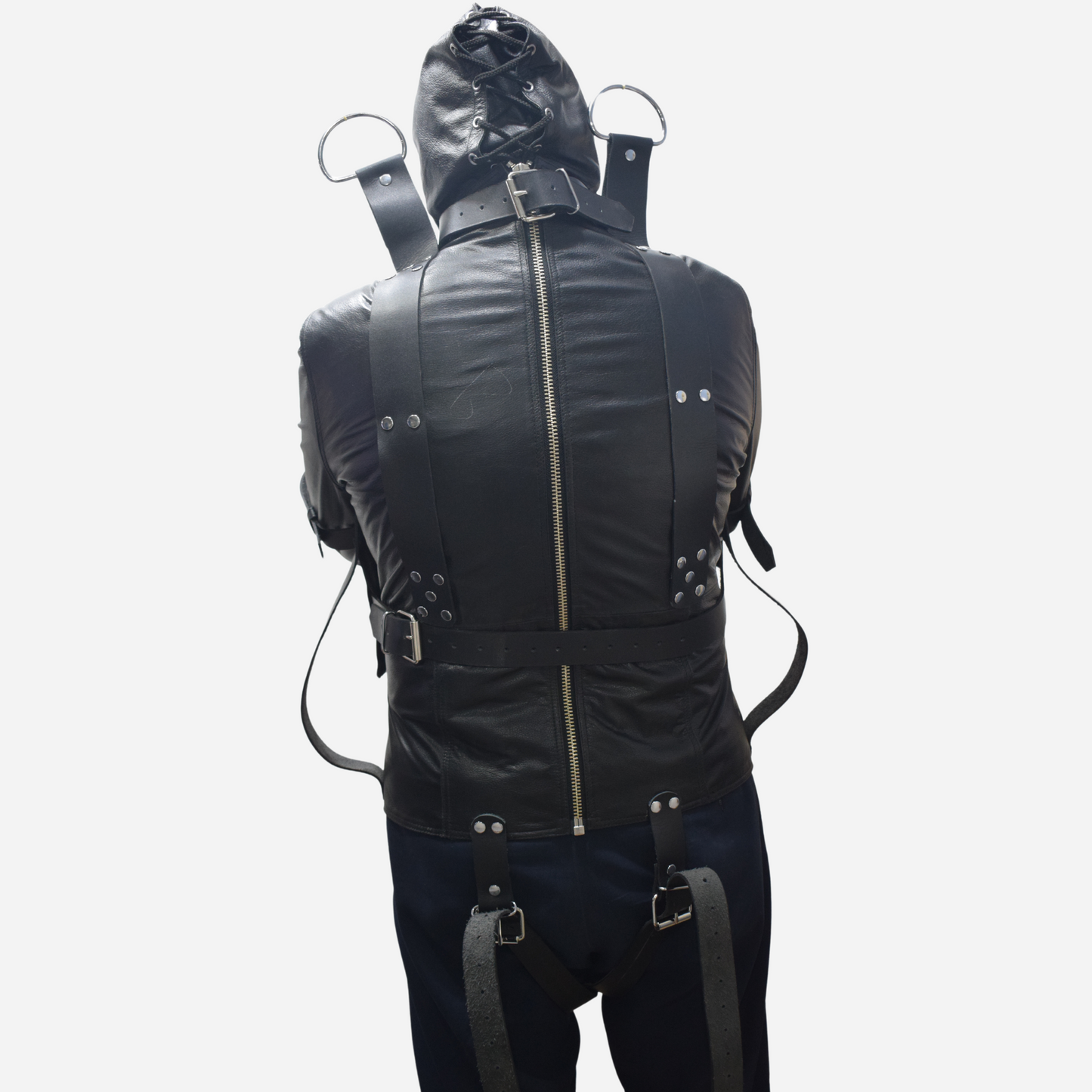 Elevate your BDSM experience with our Premium Black Leather Straitjacket. Made from high-quality leather and lined with soft polyester, it features an attached hood, rivet-fastened belts, and D-rings for secure suspension. Handmade for durability and comfort, available in all sizes including custom options.