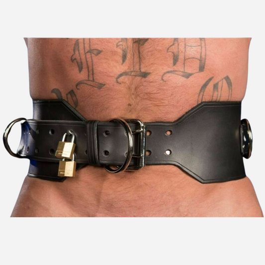 Shop our Heavy Duty Genuine Leather Bondage Waist Belt with Locking Buckle and D-Rings for unmatched durability and style. Made from premium genuine leather, this belt features a secure locking buckle and versatile D-rings, perfect for bondage enthusiasts. Enhance your gear collection with our high-quality, robust waist belt designed for reliable performance and comfort. Explore more in our bondage gear collection today!