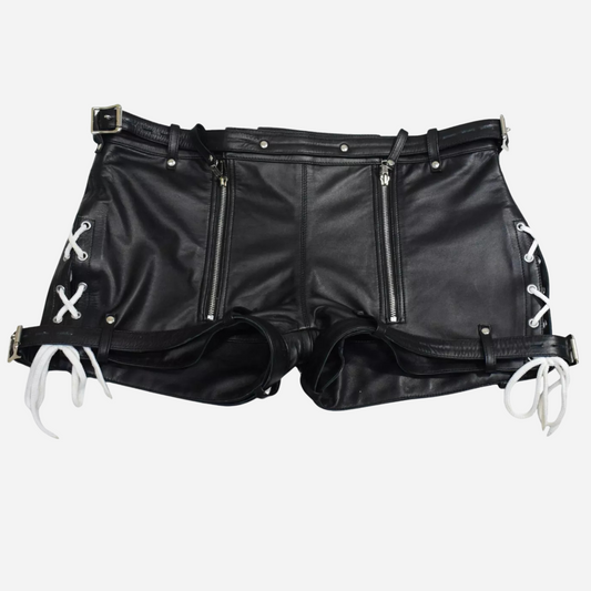 Our Leather Chastity Shorts for Men, made from premium black cowhide leather. With a unique two-way zipper, detachable pouch, and adjustable fit, these handmade shorts blend style and functionality. Available in all sizes, they're perfect for bold fashion statements and adventurous spirits. Shop now!