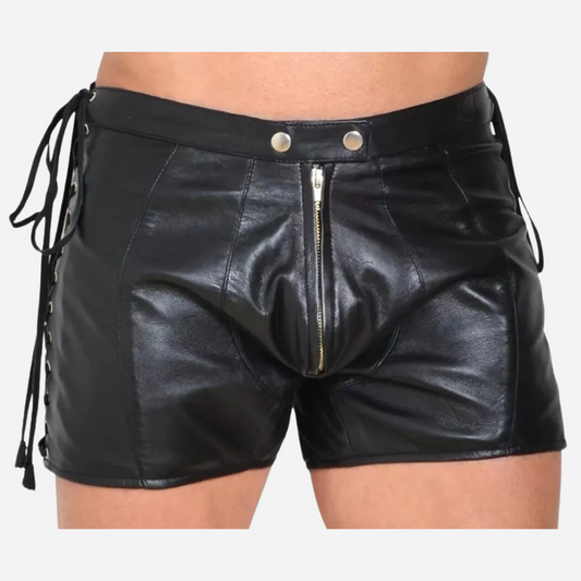 Shop our Men's Real Leather Lace-Up Shorts, made from 100% genuine leather for a stylish and comfortable fit. With adjustable sides, a fly zipper opening, and durable stitching, these slim-fit boxer shorts are perfect for any occasion. Available in all sizes, including custom options. Upgrade your wardrobe today!