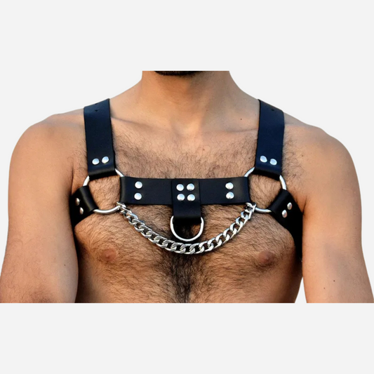 Our Men's Genuine Leather Chest Harness with Pin Buckle Straps, crafted from high-quality leather, this adjustable harness combines comfort and style, perfect for festivals, parties, or everyday wear. Make a bold fashion statement—shop now and elevate your look with this unique accessory!