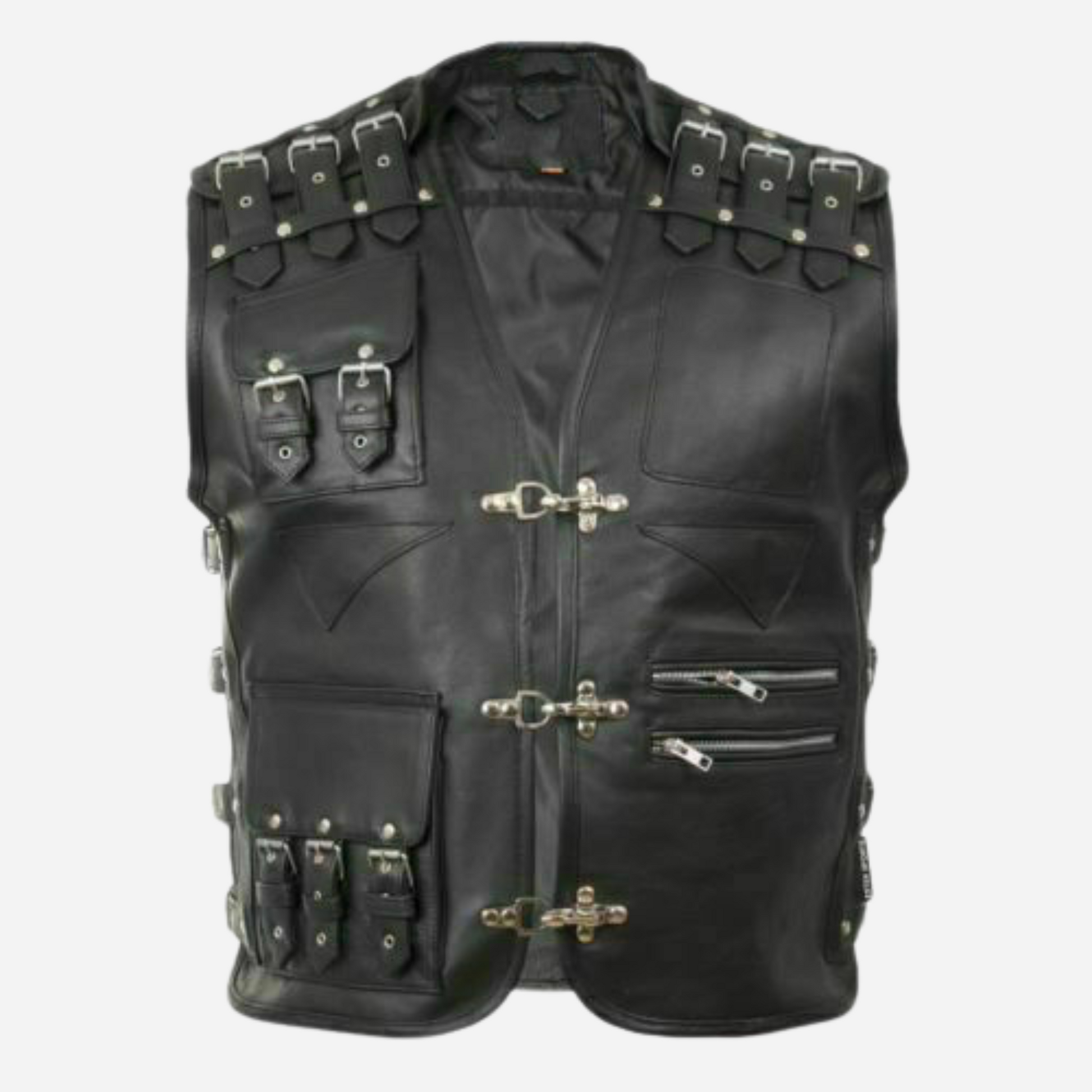 Elevate your ride with our Men's Genuine Leather Heavy Buckled Motorcycle Biker Vest Waistcoat. Crafted from high-quality black leather, this stylish vest features adjustable buckles, zipper pockets, and a comfortable fit. Explore custom sizes and our full collection for your next adventure!