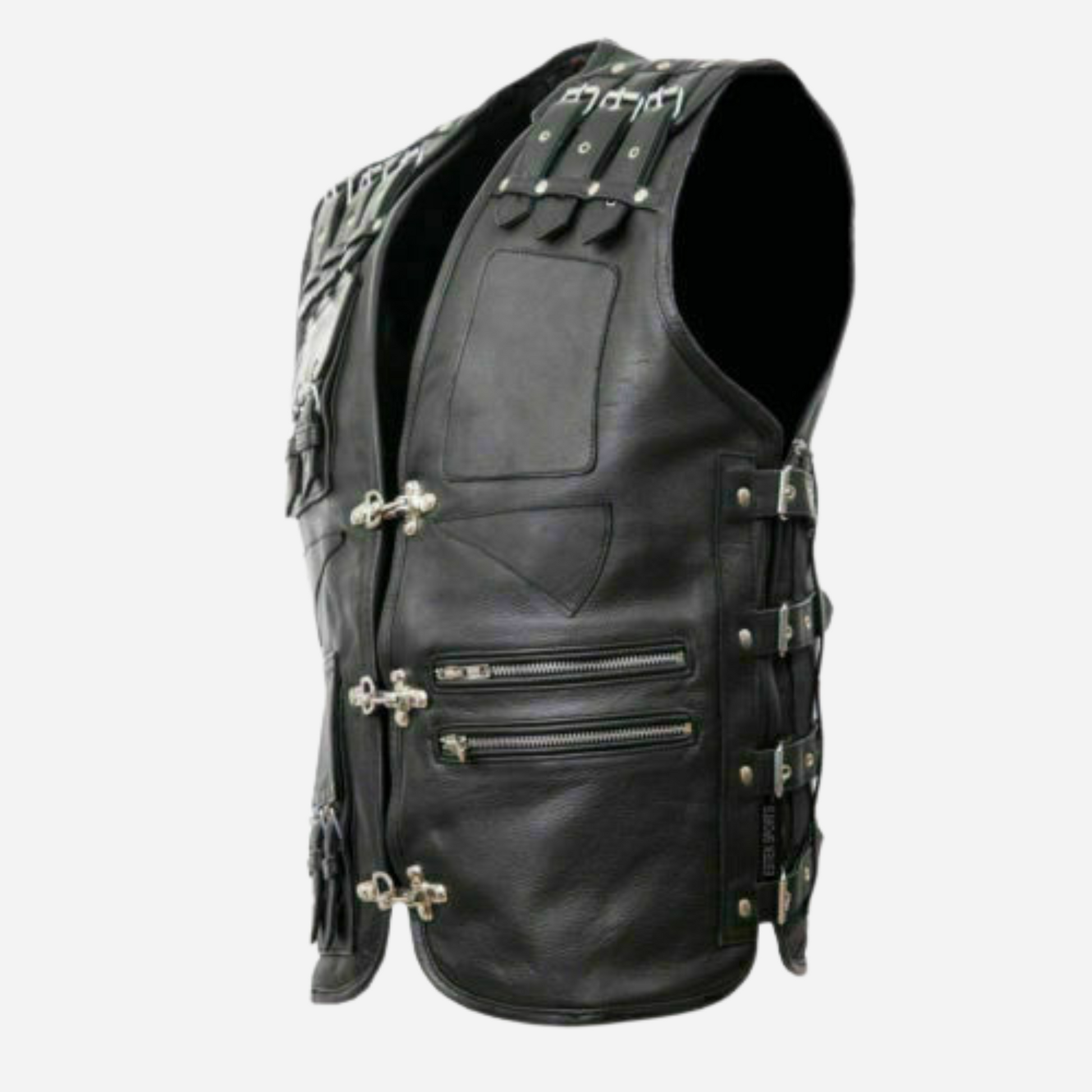 Elevate your ride with our Men's Genuine Leather Heavy Buckled Motorcycle Biker Vest Waistcoat. Crafted from high-quality black leather, this stylish vest features adjustable buckles, zipper pockets, and a comfortable fit. Explore custom sizes and our full collection for your next adventure!