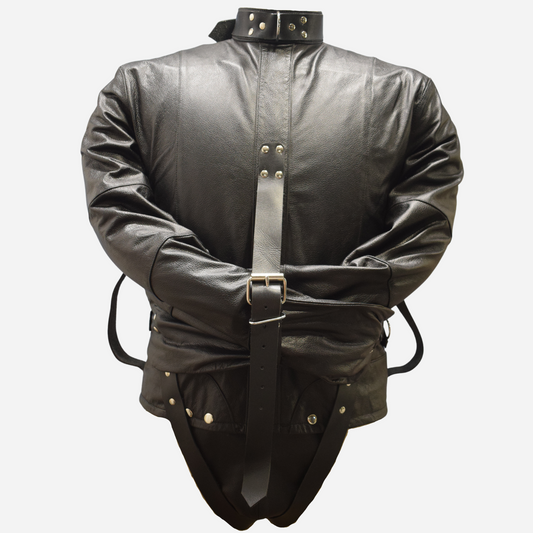 Upgrade your wardrobe with our Men's Premium Black Leather Straitjacket. Made from 100% genuine cow leather, it features reinforced belting, YKK zippers, adjustable straps, and a lined interior for comfort. Practical details include riveted straps and a detachable crotch pouch. Available in standard and custom sizes, this straitjacket combines style and durability. Explore our collection now for exceptional quality.