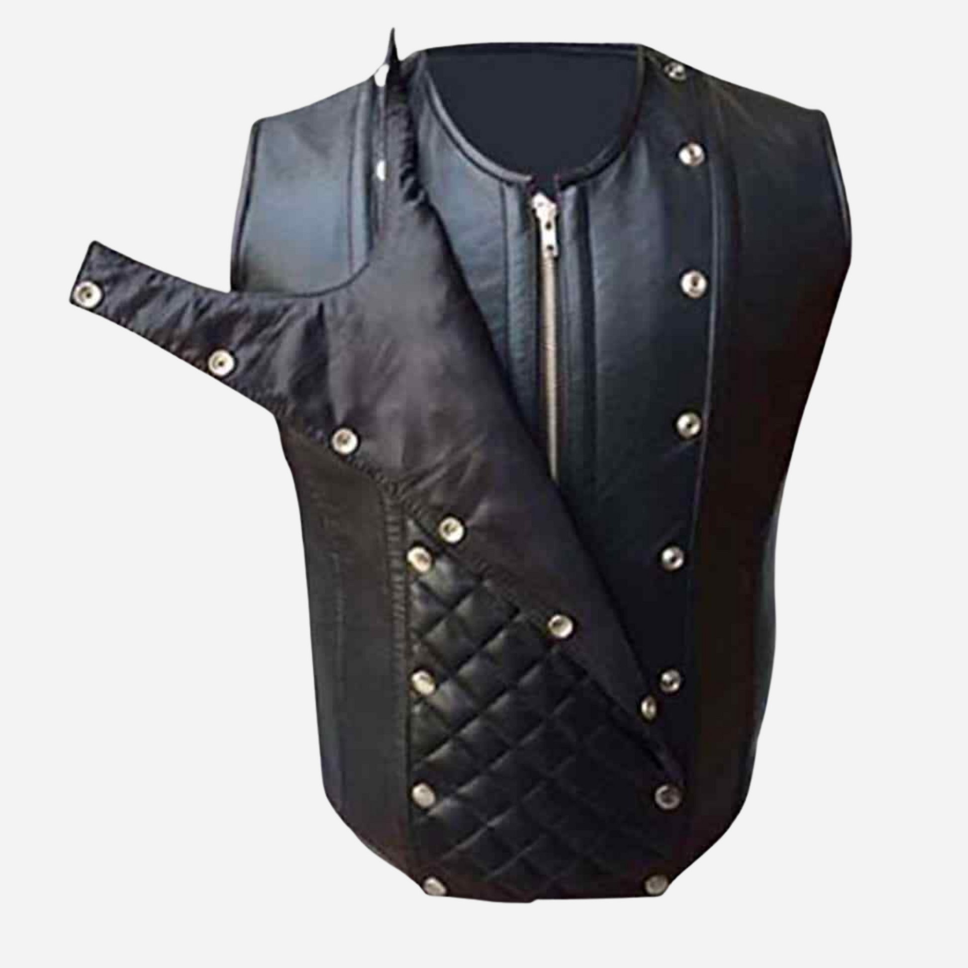 Elevate your style with our Men's Real Leather Black Quilted Vest Biker Style Waistcoat. Made from premium leather, it features a detachable quilted panel, YKK zipper, and adjustable lace-up back. Perfect for bikers and fashion lovers alike. Shop now for durability and sophistication!