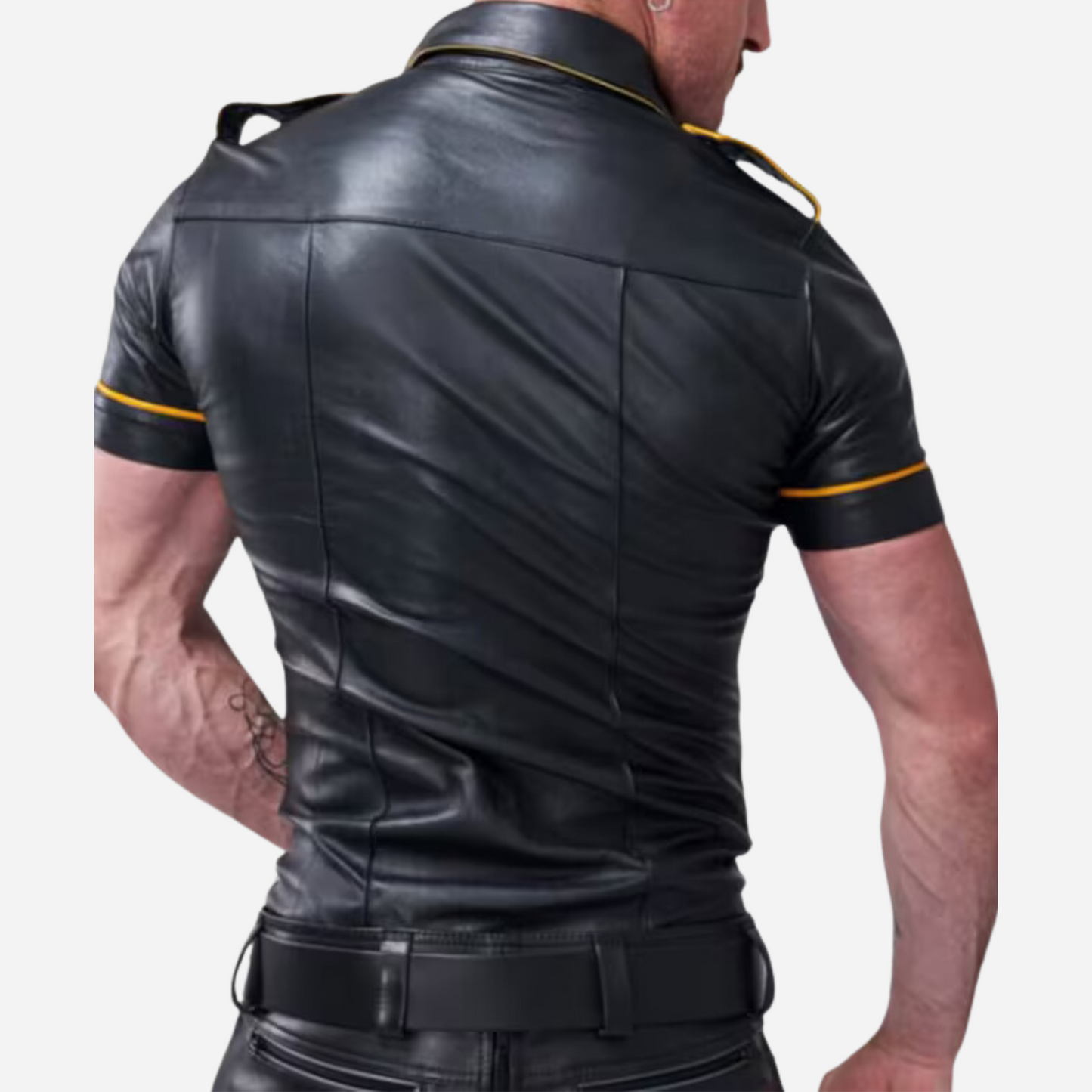 Shop the Men’s Real Leather Police Uniform Short Sleeves Shirt with Yellow Piping. Made from genuine leather, this stylish and durable shirt features a tailored fit and short sleeves, perfect for police officers and security personnel. Elevate your uniform today!