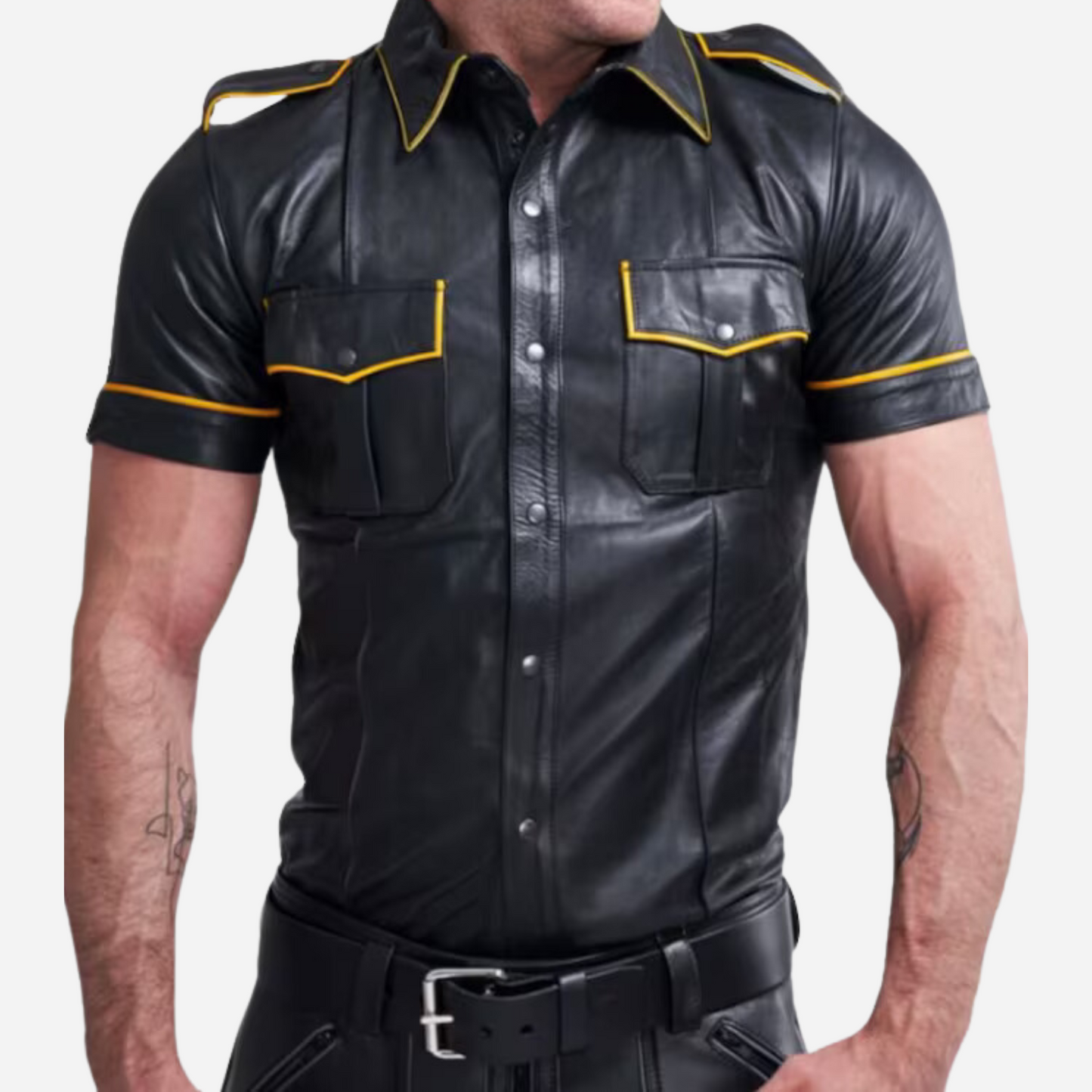 Shop the Men’s Real Leather Police Uniform Short Sleeves Shirt with Yellow Piping. Made from genuine leather, this stylish and durable shirt features a tailored fit and short sleeves, perfect for police officers and security personnel. Elevate your uniform today!