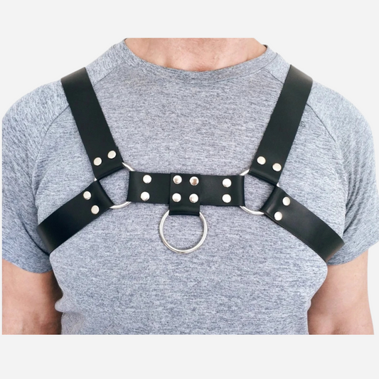 Our Men's Chest Harness! Featuring adjustable shoulder straps and a handy D-ring, this harness is perfect for outdoor adventures or a bold fashion statement. Crafted for comfort and durability, it’s the must-have accessory for every modern man. Shop now to redefine your look!