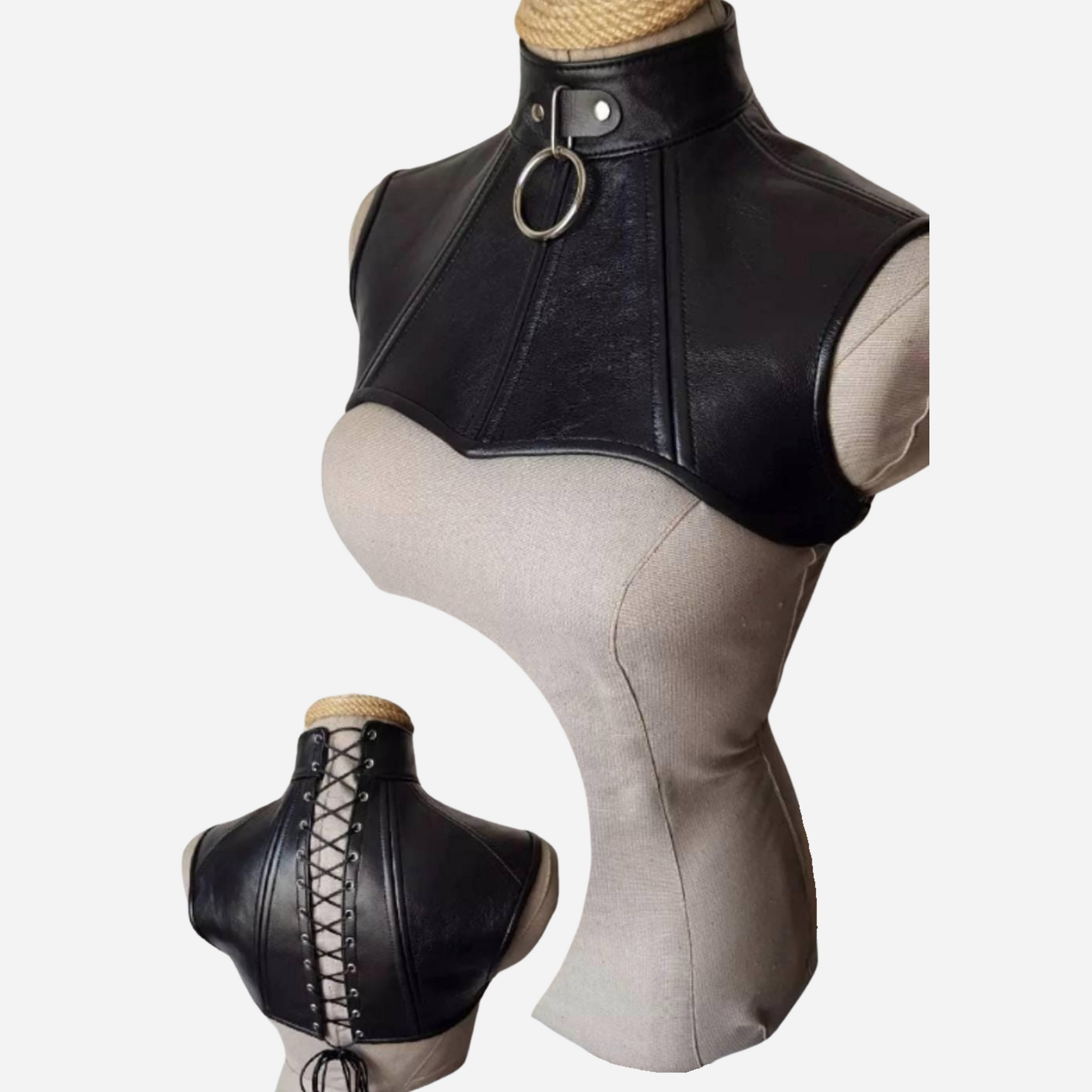 Elevate your style with our Premium Leather Neck Corset, featuring a versatile O-ring and adjustable lacing back for a secure fit. Crafted from high-quality leather, this corset blends elegance and edginess, making it the perfect accessory for any outfit. Explore custom sizing and make a bold fashion statement today!