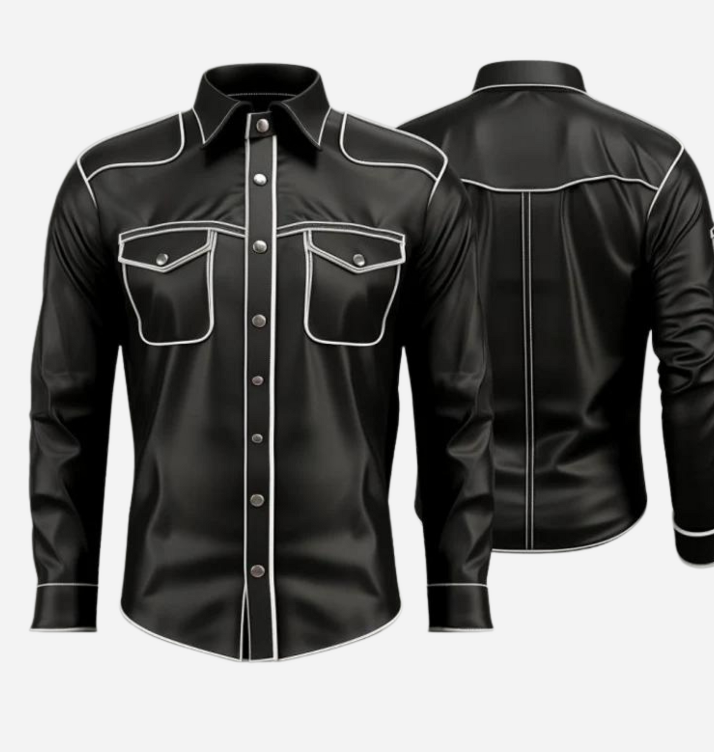 Shop our Premium Leather Police Shirt with White Piping, designed for style and comfort. Made from high-quality leather, this black bluff shirt is perfect for uniforms or casual wear. Stand out with its elegant design and versatile fit. Elevate your wardrobe today!