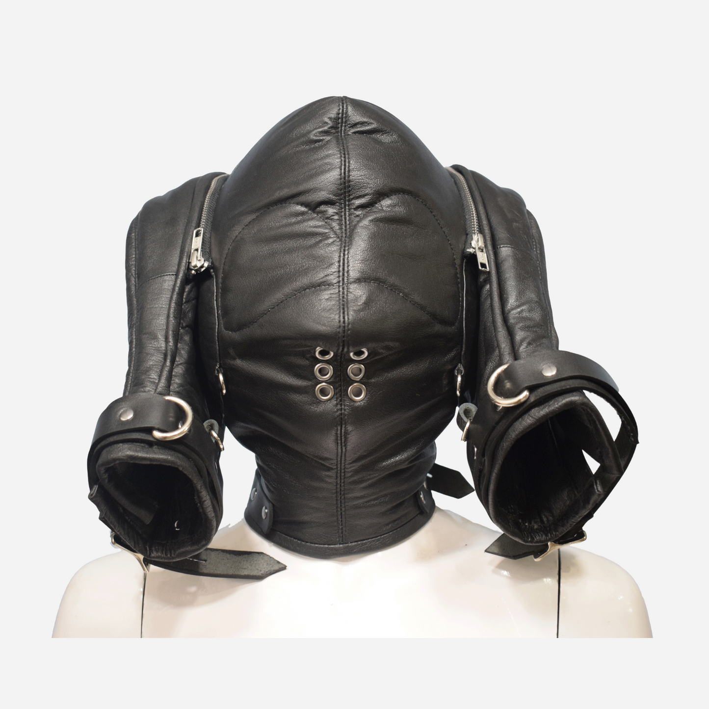 "Discover our Premium BDSM Hood Mask in top-quality Cow Napa leather, featuring padded foam, lockable buckles, attachable gloves, and breathable eyelets. Enjoy secure, comfortable, and versatile play with internal lacing and durable construction. Shop now for more high-quality BDSM accessories."