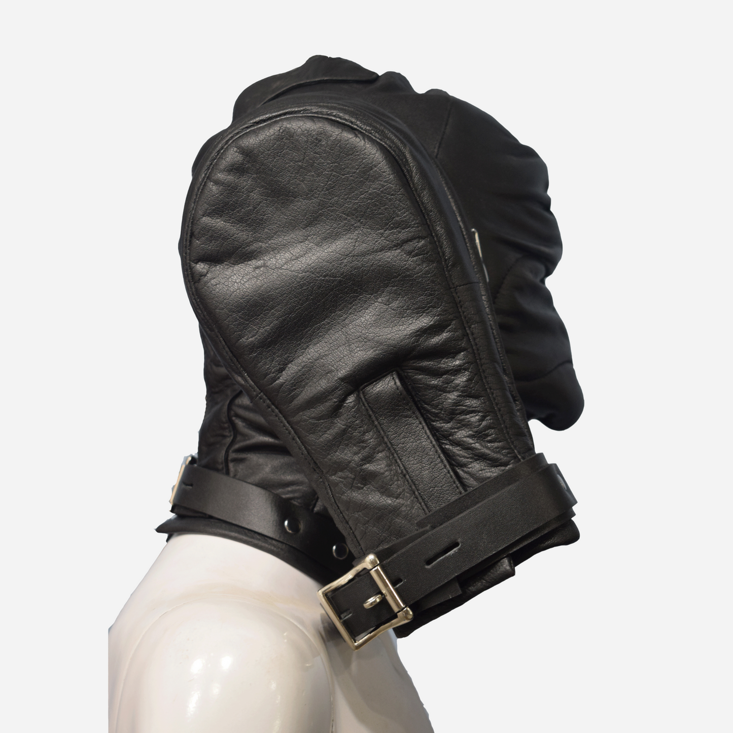 "Discover our Premium BDSM Hood Mask in top-quality Cow Napa leather, featuring padded foam, lockable buckles, attachable gloves, and breathable eyelets. Enjoy secure, comfortable, and versatile play with internal lacing and durable construction. Shop now for more high-quality BDSM accessories."