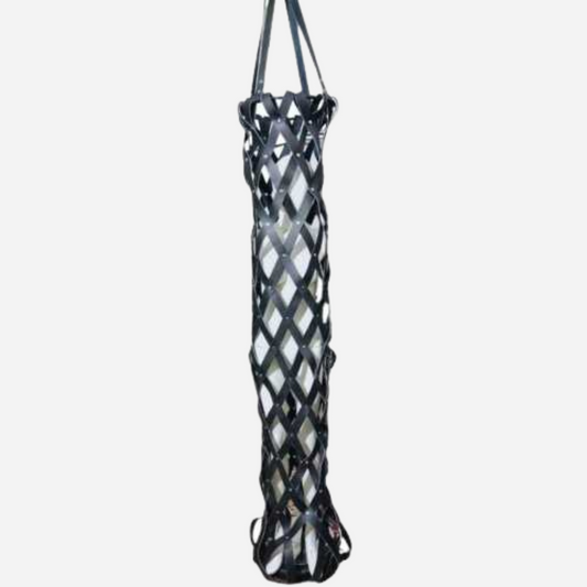 Discover our Real Leather Bondage Cage Body Bag with heavy-duty straps, expertly crafted from genuine leather. This premium cage features a unique design with adjustable webbing, a wooden platform, and metal rings for secure fitting and dynamic movement. Ideal for cosplay and high-quality bondage gear enthusiasts.