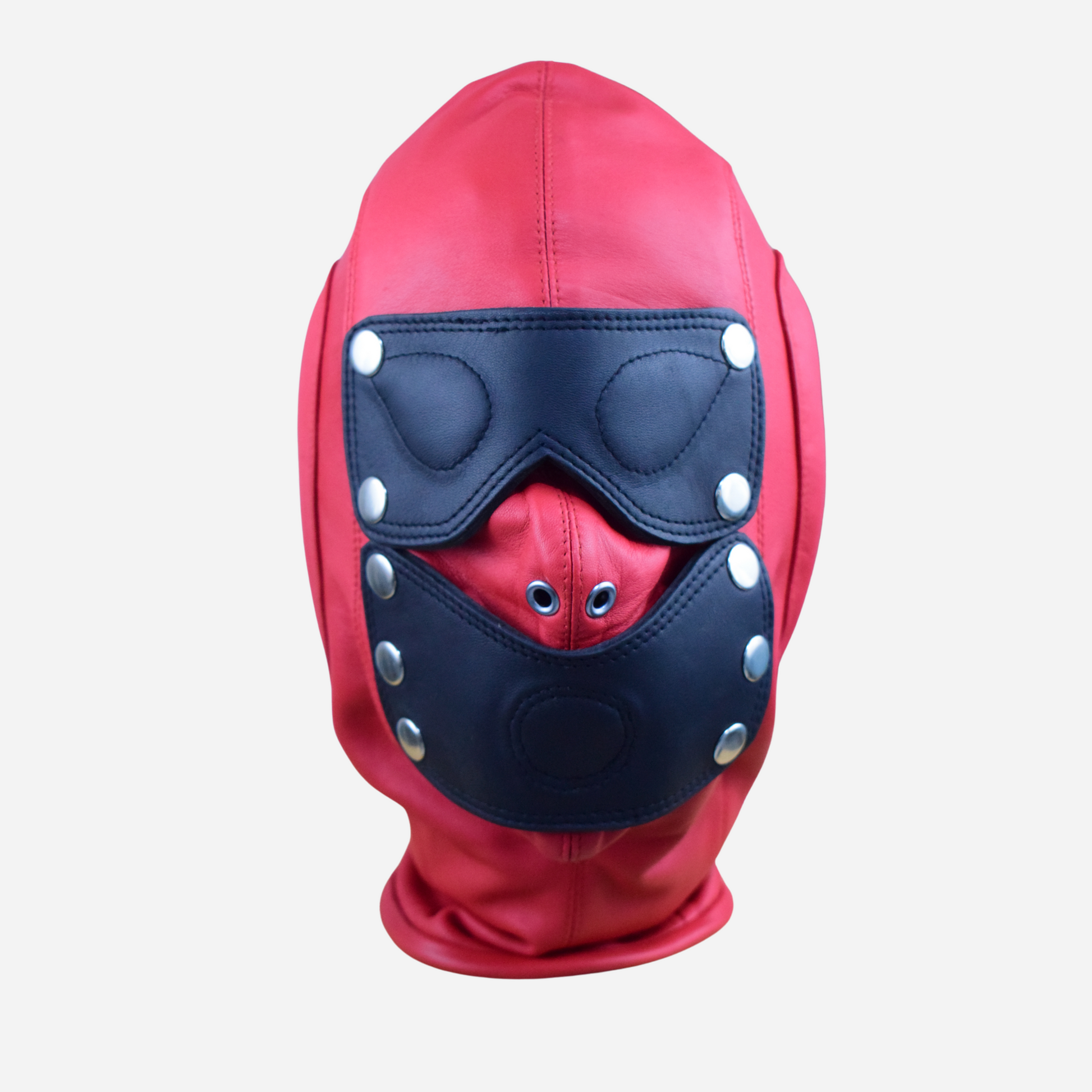 Discover the Real Leather Gothic Hood Mask with Mouth Gag and Removable Blindfold. Crafted from 100% genuine leather, this premium lace-up red hood features padded ears, a detachable mouth gag, and a customizable fit. Ideal for gothic and BDSM enthusiasts seeking style and comfort.