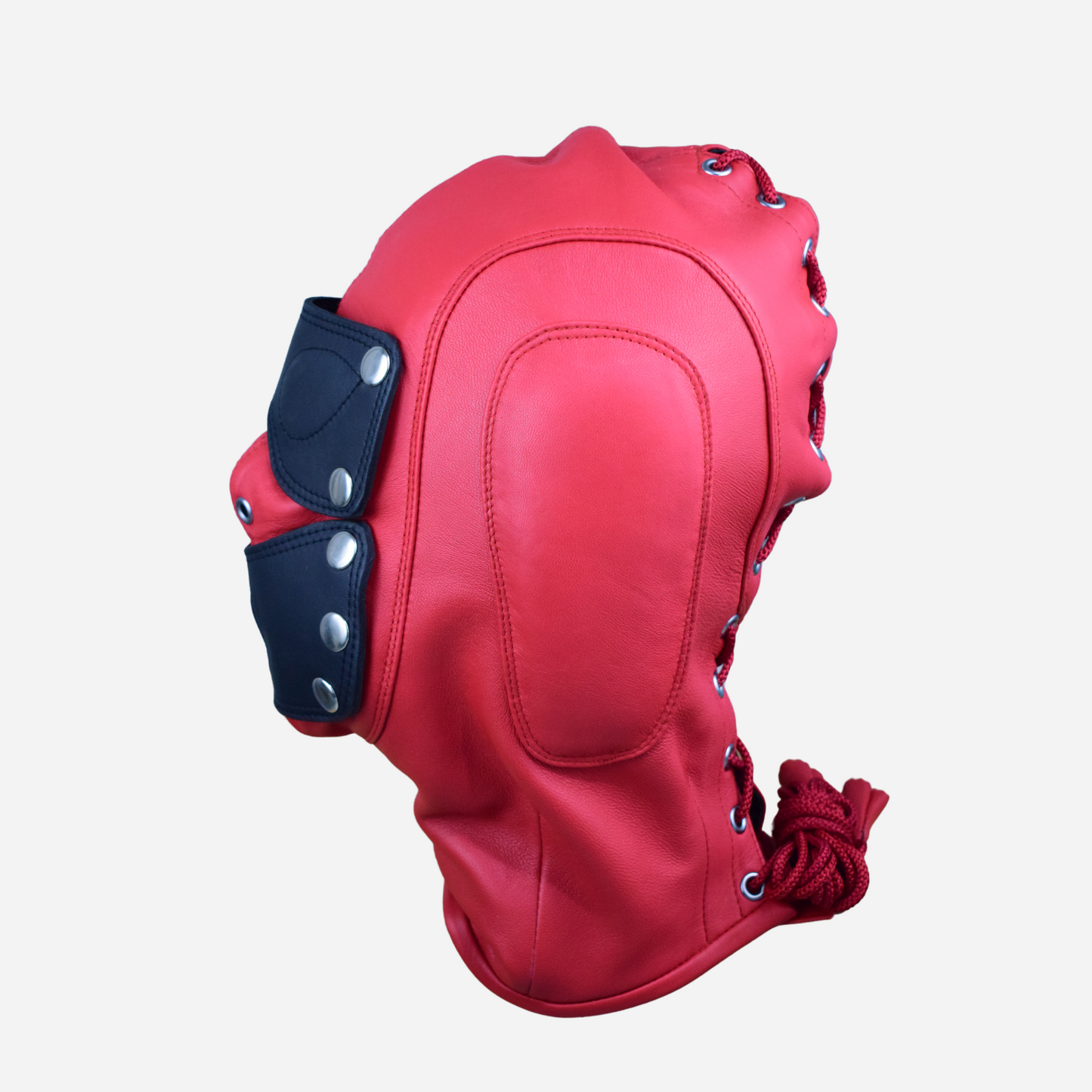 Discover the Real Leather Gothic Hood Mask with Mouth Gag and Removable Blindfold. Crafted from 100% genuine leather, this premium lace-up red hood features padded ears, a detachable mouth gag, and a customizable fit. Ideal for gothic and BDSM enthusiasts seeking style and comfort.