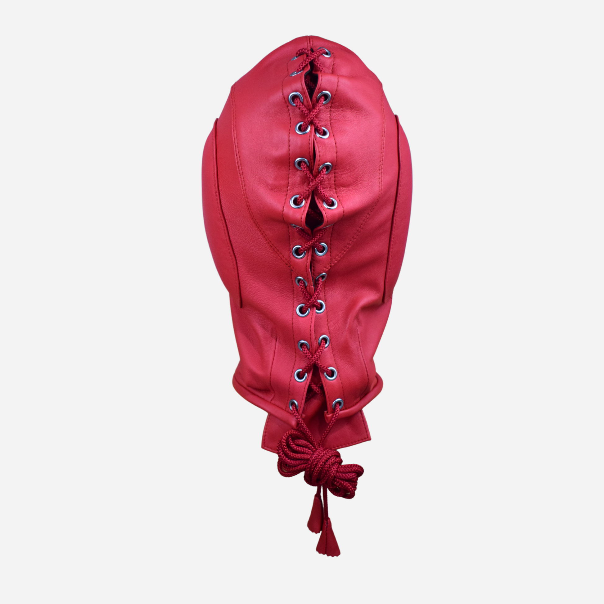 Discover the Real Leather Gothic Hood Mask with Mouth Gag and Removable Blindfold. Crafted from 100% genuine leather, this premium lace-up red hood features padded ears, a detachable mouth gag, and a customizable fit. Ideal for gothic and BDSM enthusiasts seeking style and comfort.