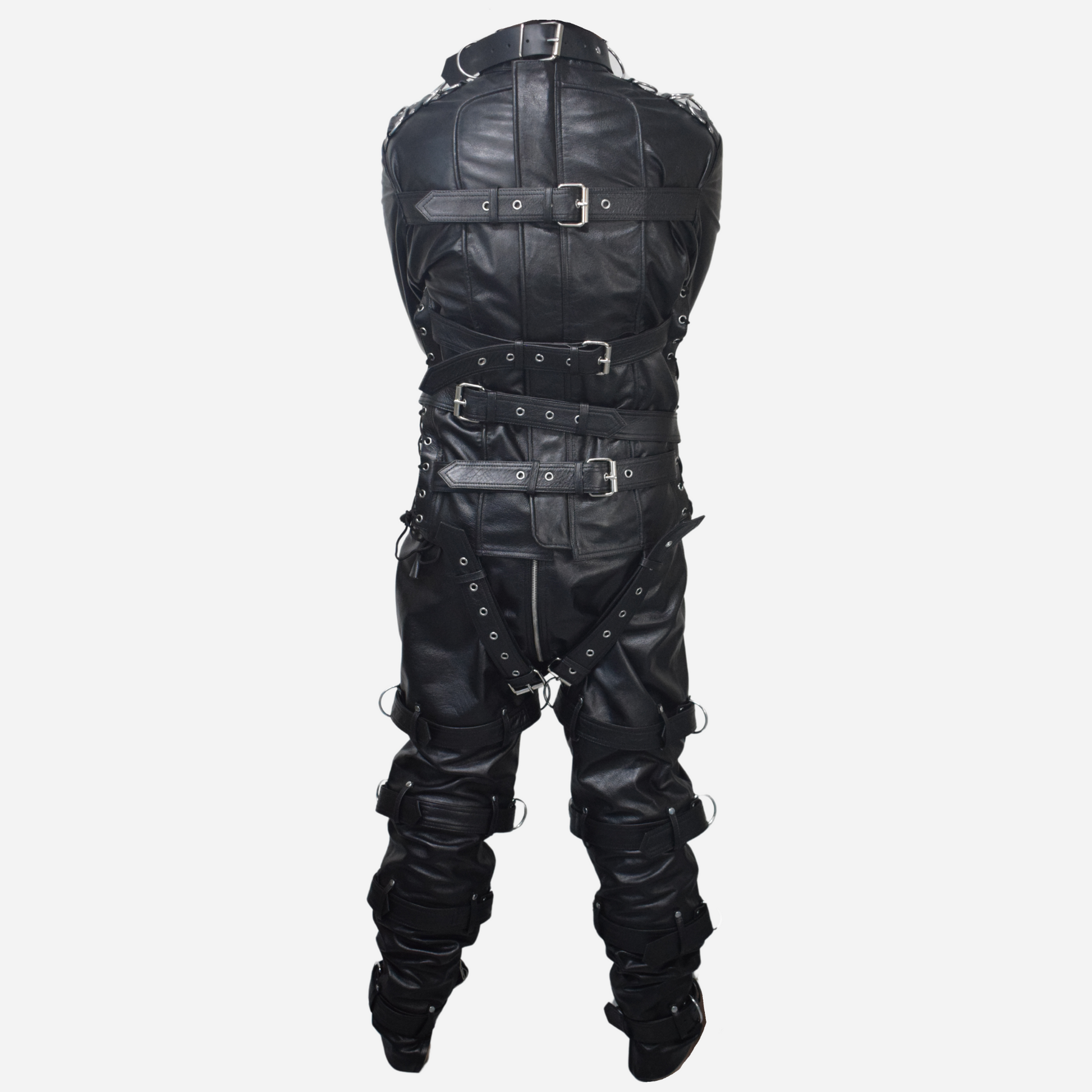 "Shop our premium real leather straightjacket for men, designed for ultimate comfort and durability. With adjustable D-rings, side lacing, and triple back straps, it ensures complete immobilization. Crafted from supple, high-quality leather with riveted straps and double-stitched seams, this handmade jacket offers luxury and long-lasting strength for secure restraint."