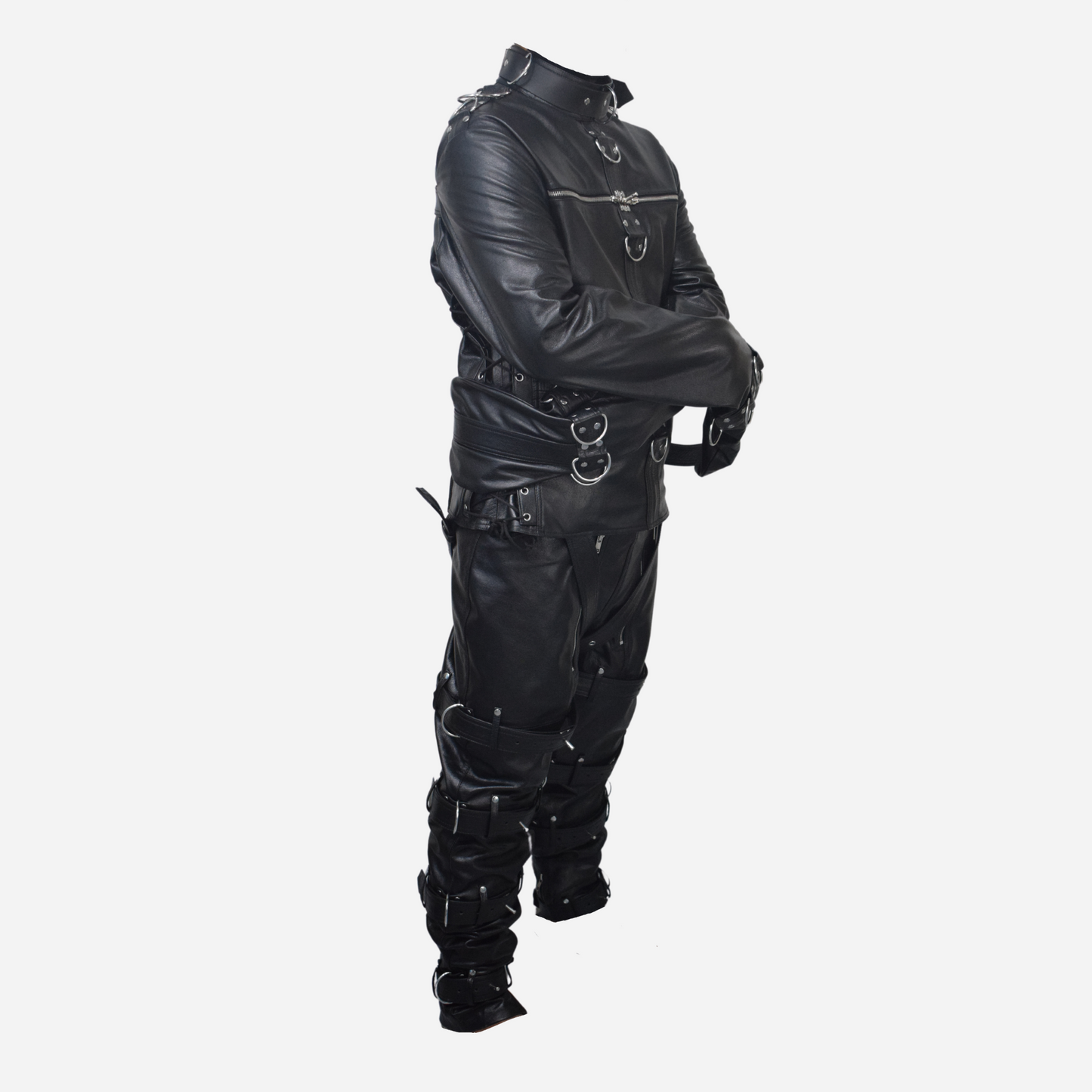 "Shop our premium real leather straightjacket for men, designed for ultimate comfort and durability. With adjustable D-rings, side lacing, and triple back straps, it ensures complete immobilization. Crafted from supple, high-quality leather with riveted straps and double-stitched seams, this handmade jacket offers luxury and long-lasting strength for secure restraint."