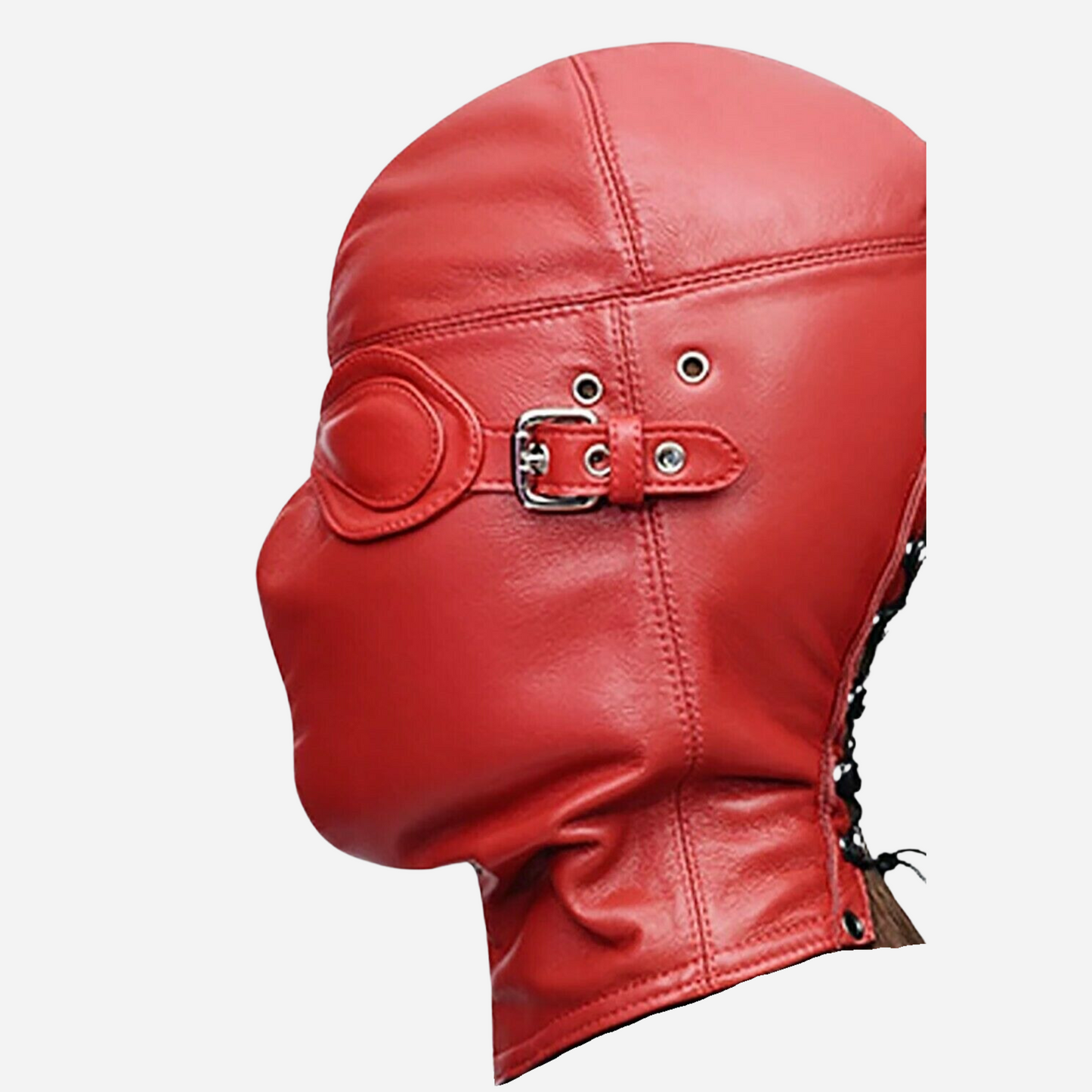 Discover our 100% Genuine Leather Blindfold, featuring padded eyes and a secure full back lacing. Available in Black and Red, it offers breathable comfort and can be customized with mouth and nose openings. Perfect for enhancing your intimate experiences. Shop now for luxury and style!