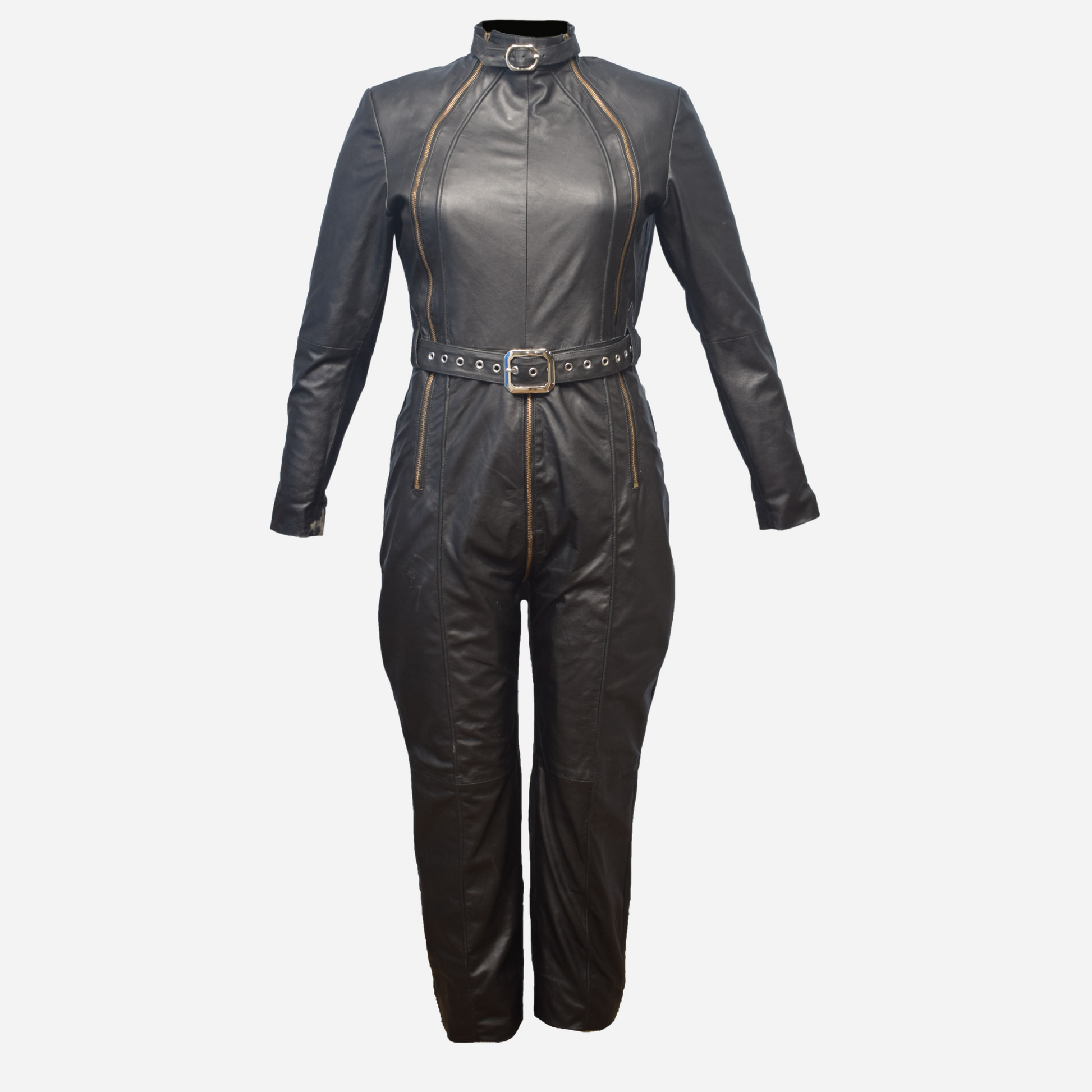 Elevate your style with our Gothic Leather Catsuit. Made from high-quality, soft leather, this ladies' jumpsuit features a sexy belt buckle neck, long sleeves with YKK zippers, and a full-length two-way zipper. Available in all sizes with custom options. Shop now for premium fashion!