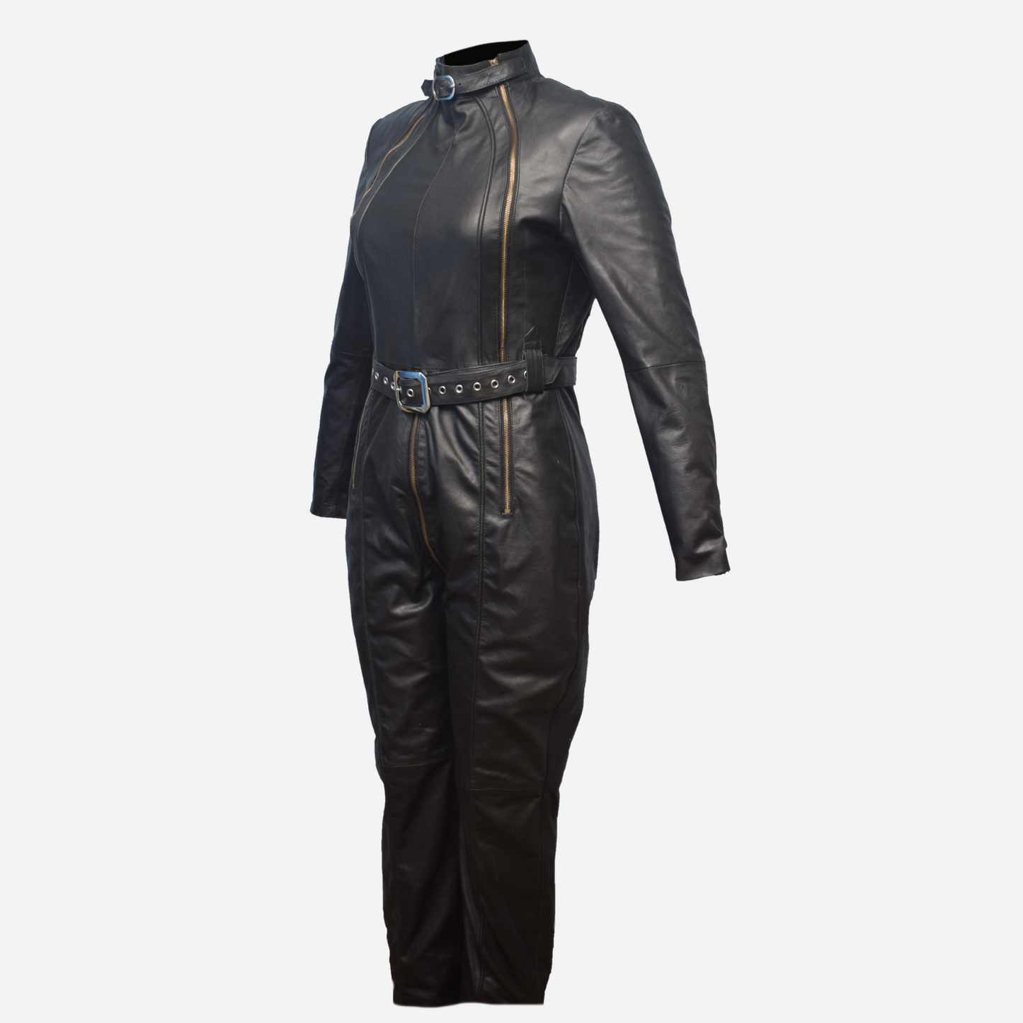 Elevate your style with our Gothic Leather Catsuit. Made from high-quality, soft leather, this ladies' jumpsuit features a sexy belt buckle neck, long sleeves with YKK zippers, and a full-length two-way zipper. Available in all sizes with custom options. Shop now for premium fashion!