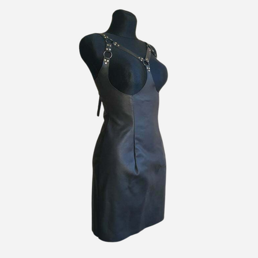 Genuine Leather sexy cup-less bodycon dress with adjustable straps and zipper fastening back.