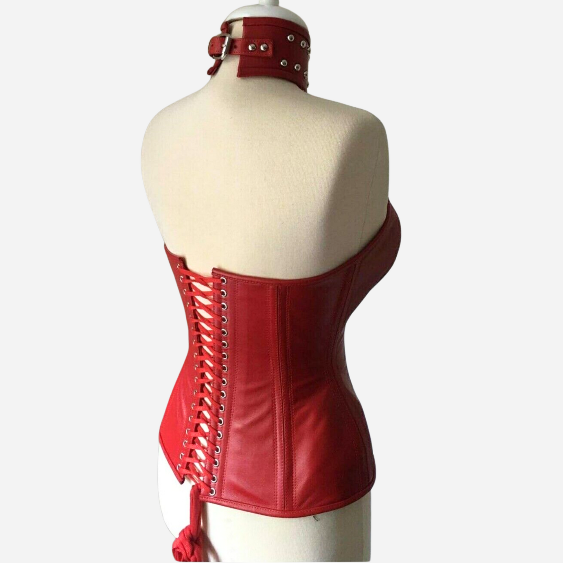 Women Overbust Corset made of real leather with steel boning for an hourglass shape.