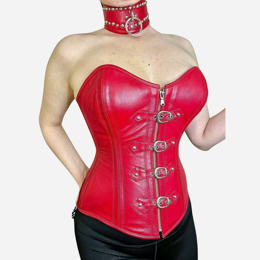  Women Overbust Corset made of real leather with steel boning for an hourglass shape.