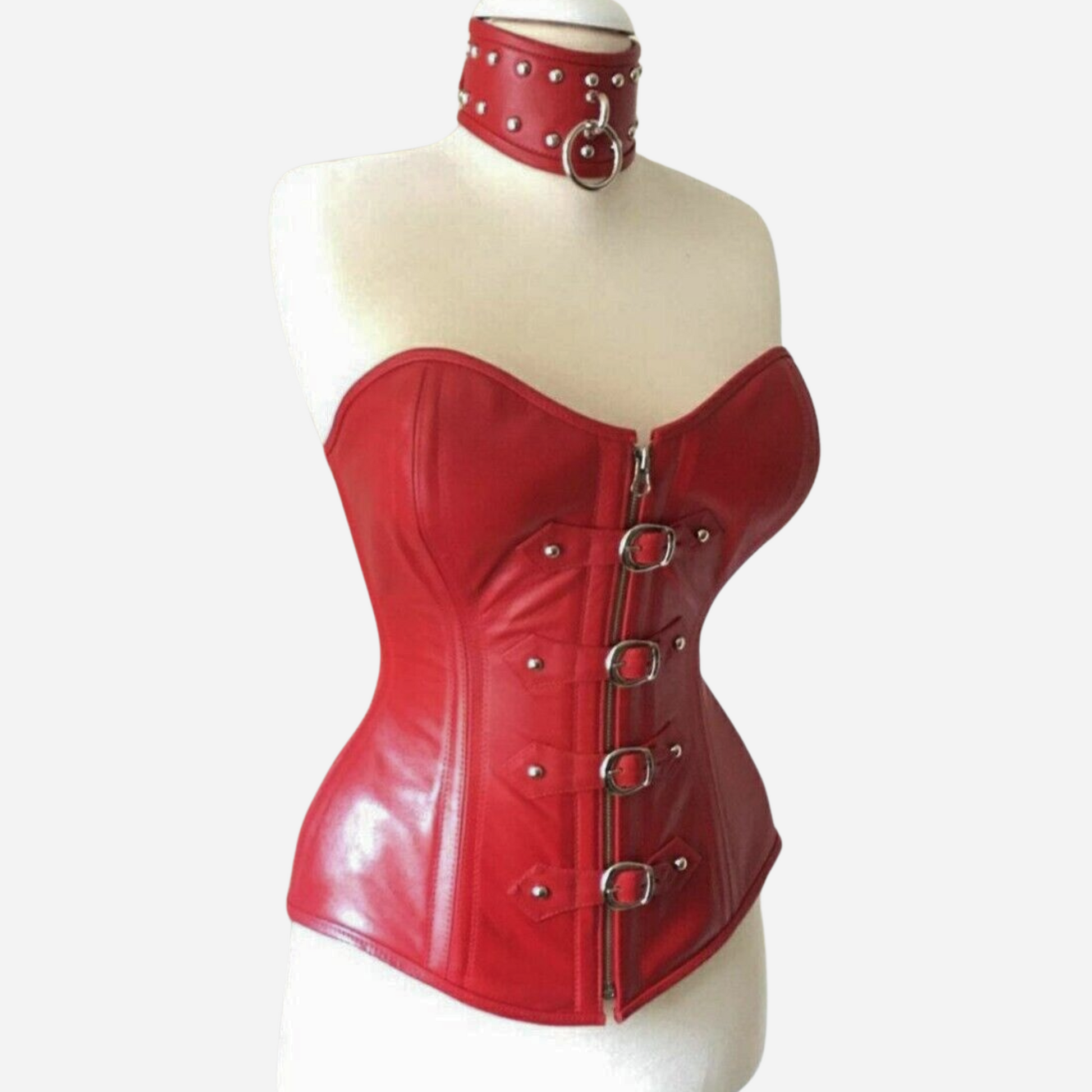 Women Overbust Corset made of real leather with steel boning for an hourglass shape.