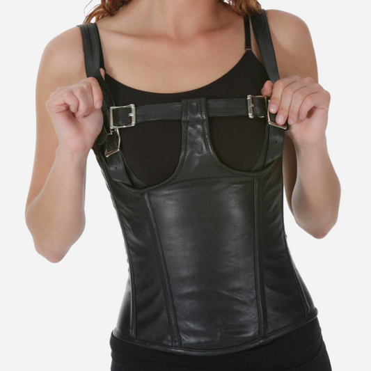 Women Overbust Leather Corset with an open bust design and lace-up details. 