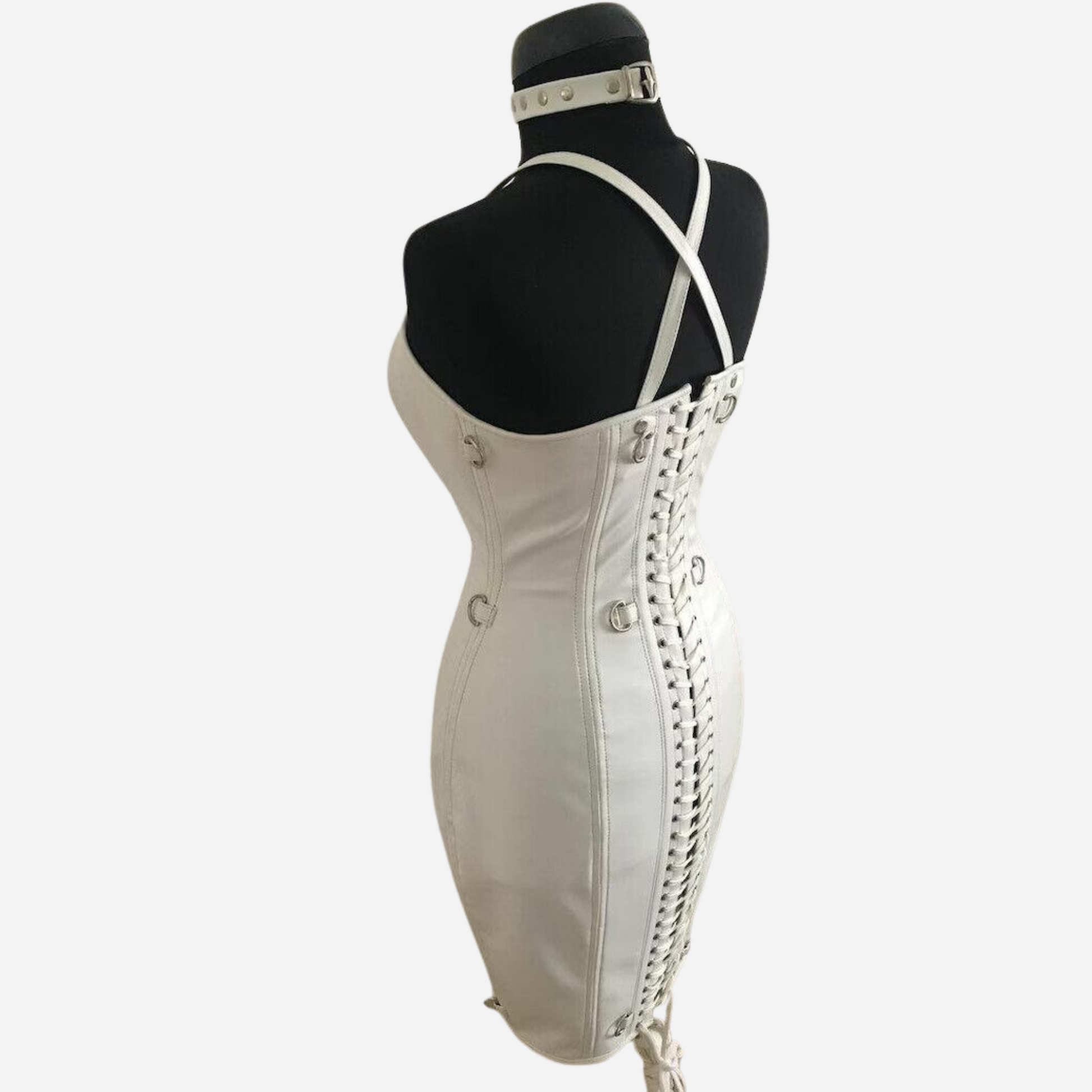 Women's Genuine White Leather Corset Dress with lace-up front and neck choker