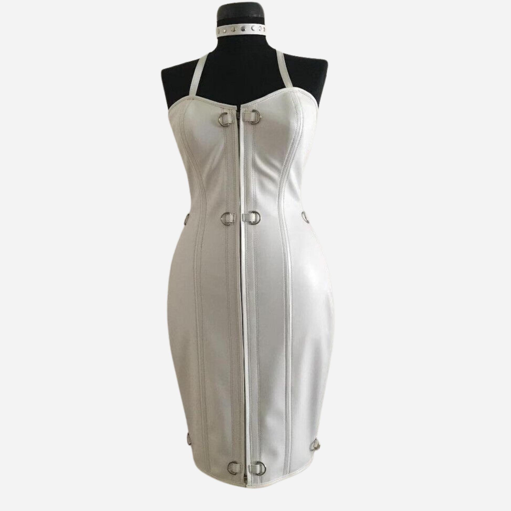 Women's Genuine White Leather Corset Dress with lace-up front and neck choker.